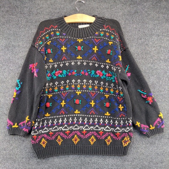 Jennifer Reed Women's Pullover Knit Sweater Gray M 3D Knit Accents Floral - Picture 5 of 11